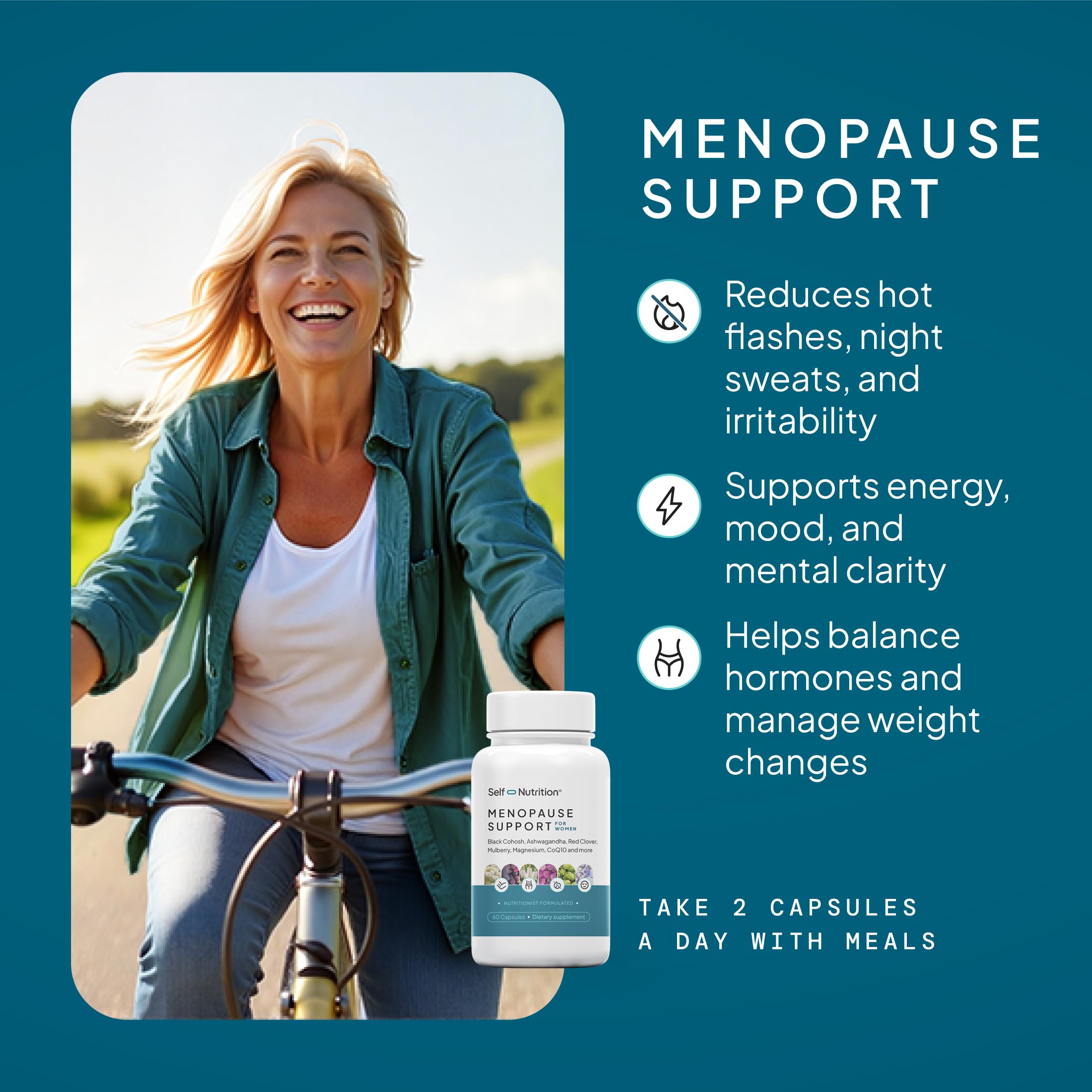 SELF NUTRITION Menopause capsules closeup showing easy daily dosing for symptom relief.