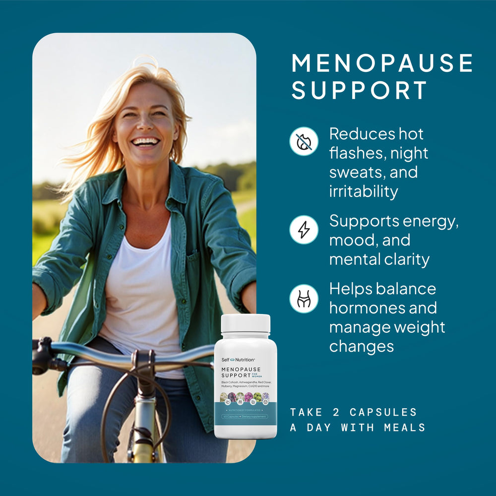 SELF NUTRITION Menopause capsules closeup showing easy daily dosing for symptom relief.