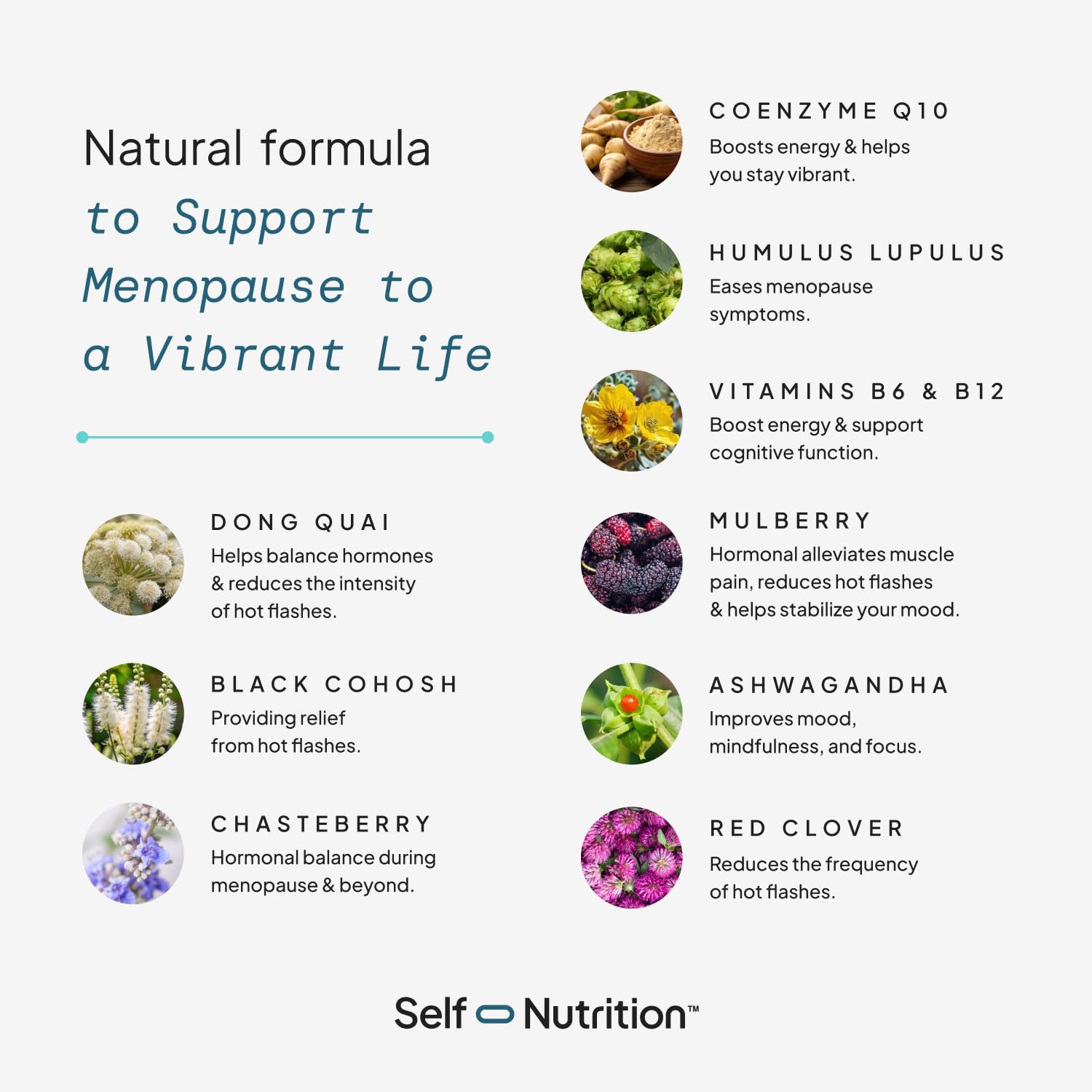SELF NUTRITION Menopause ingredients panel highlighting natural, hormone-free blend.