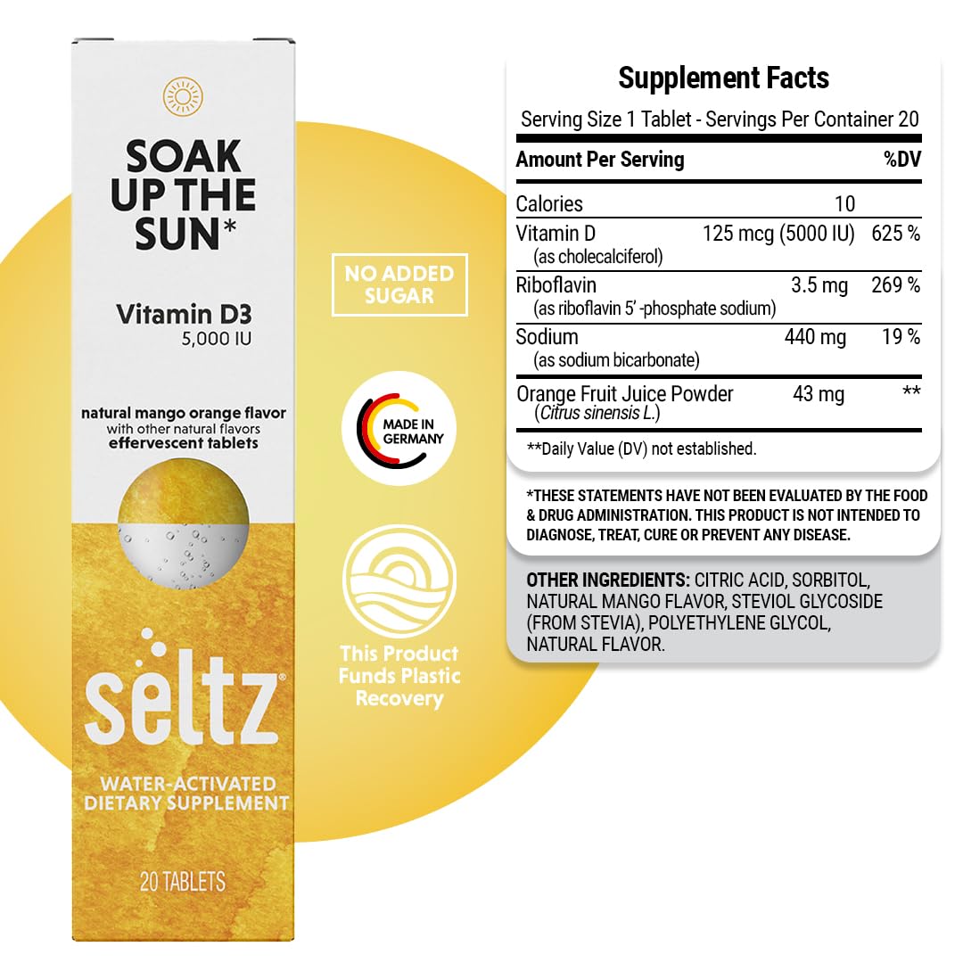 Seltz Soak Up The Sun Mango Orange flavor close-up highlighting taste.