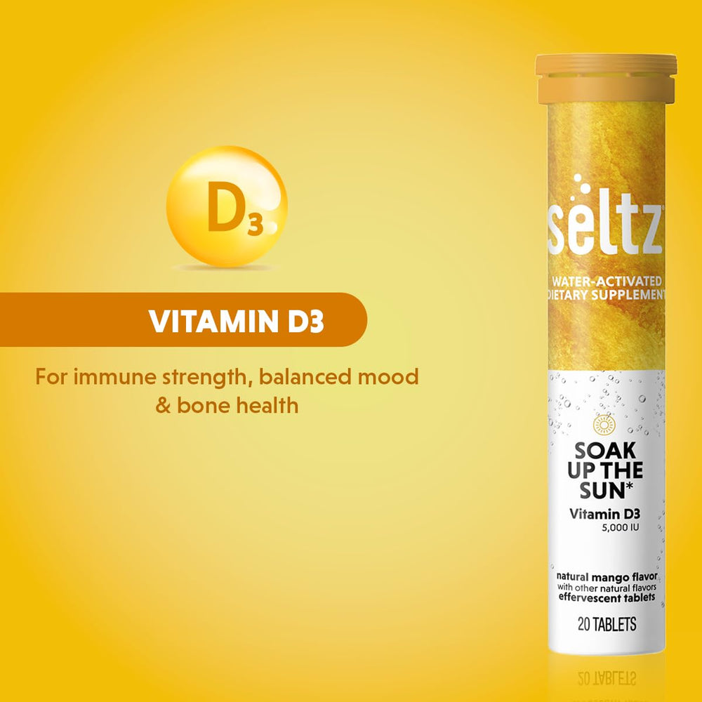 Seltz Soak Up The Sun mango orange glass showing a tasty, sugar-free vitamin drink.