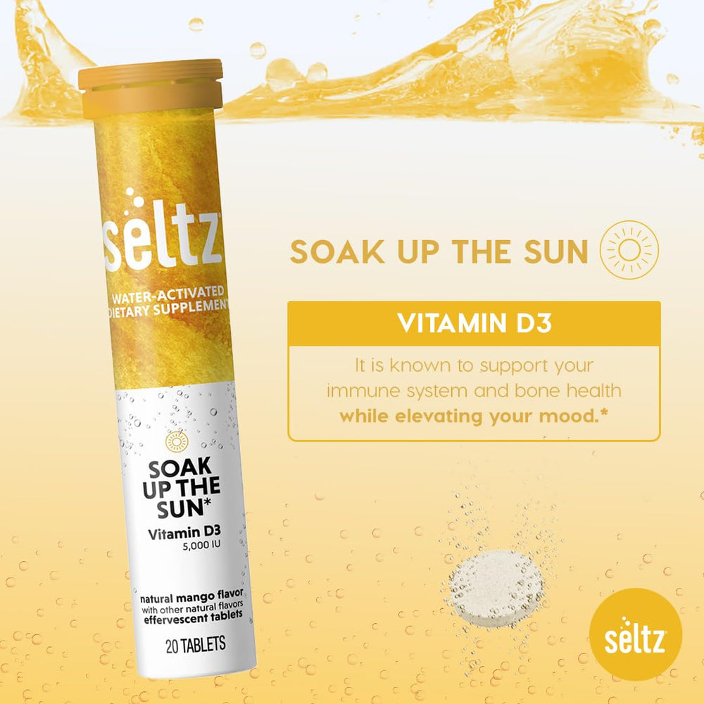 Seltz Soak Up The Sun morning routine with a glass of vitamin water.