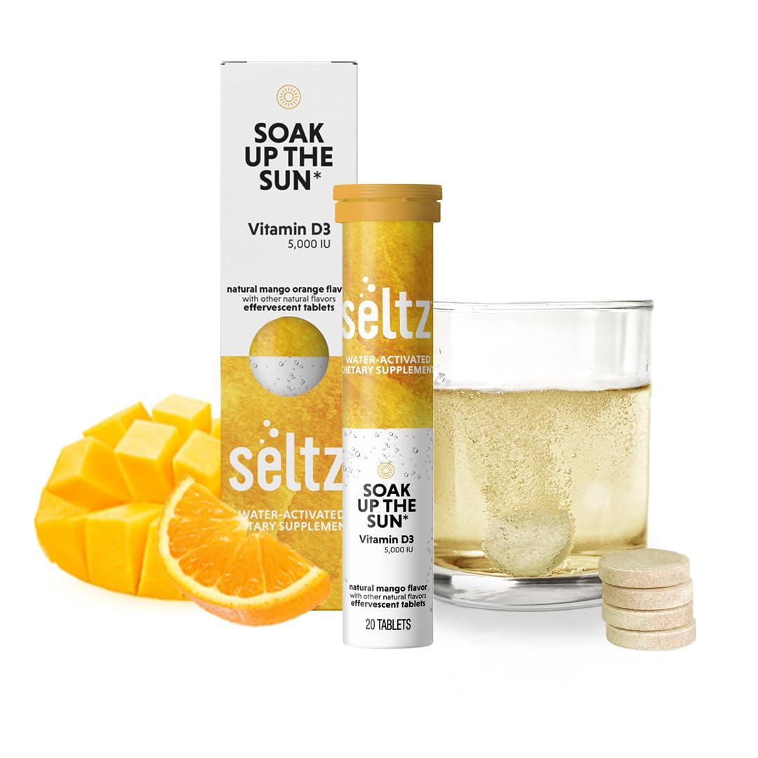 Seltz Soak Up The Sun tablet dissolving in water for a refreshing daily vitamin.