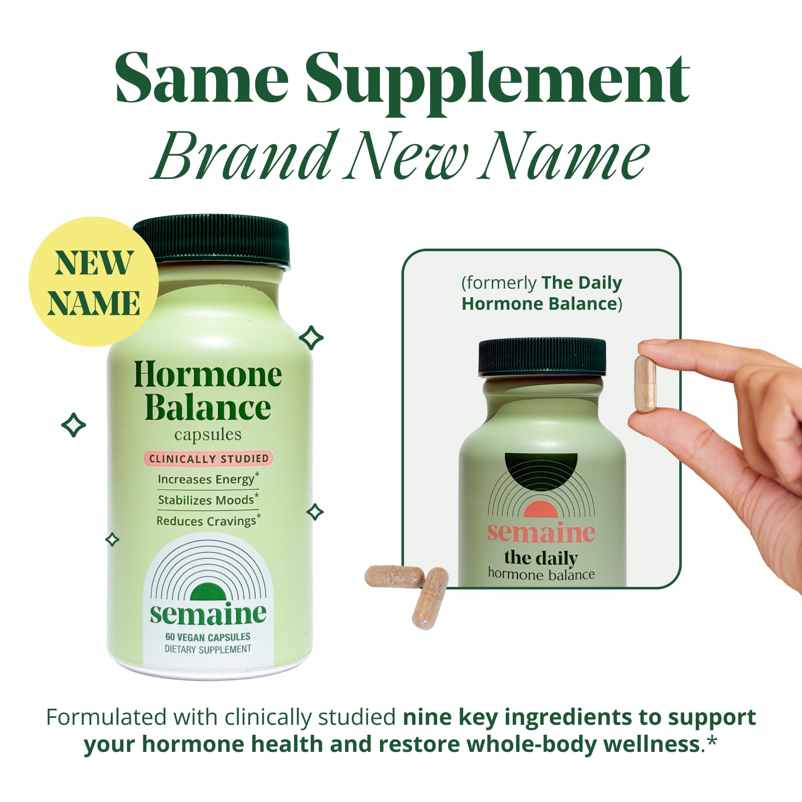 Semaine Hormone Balance capsules closeup highlighting vegan capsules.