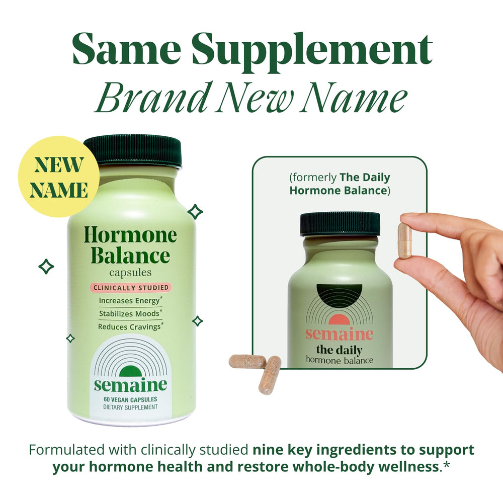 Semaine Hormone Balance capsules closeup highlighting vegan capsules.