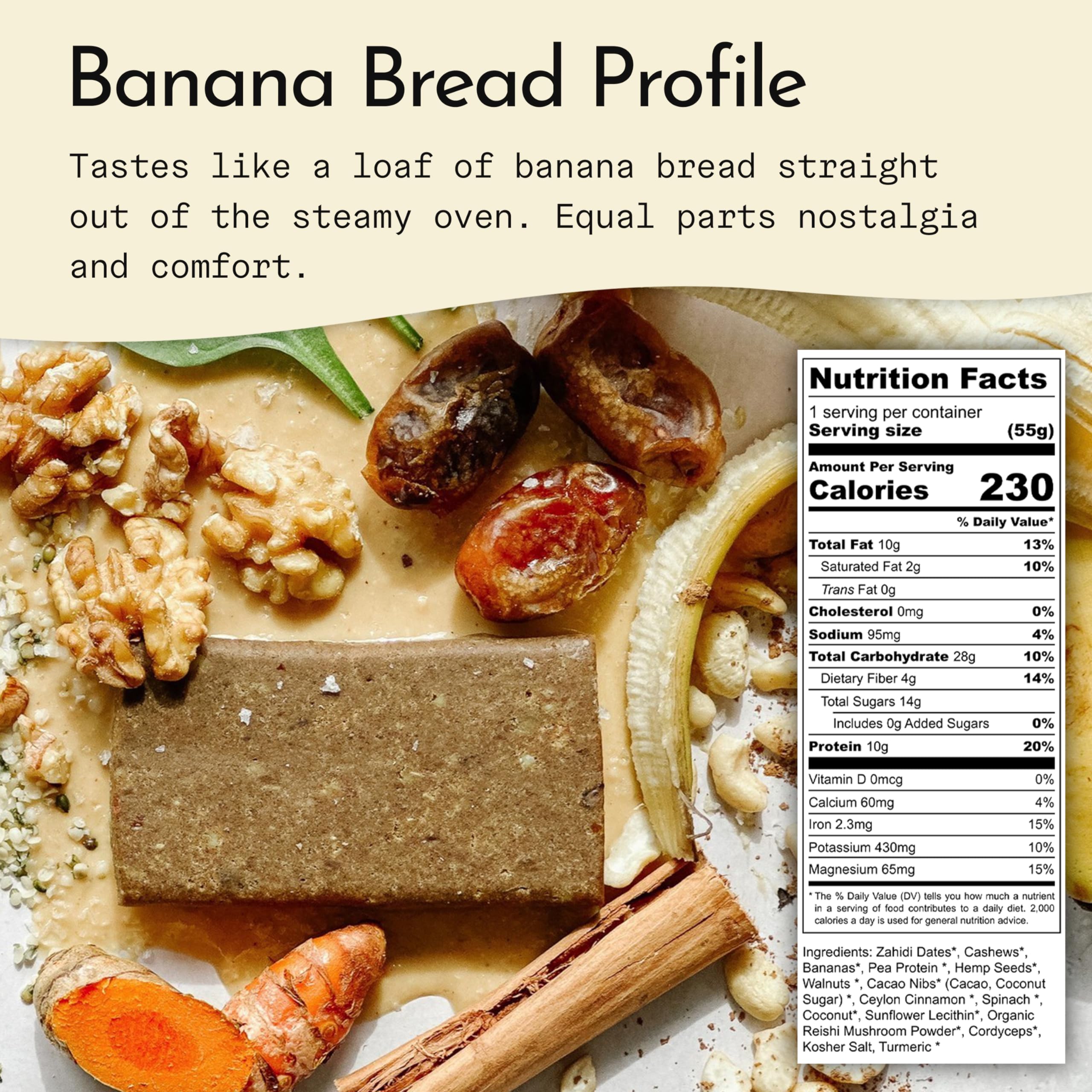 Send Bars Banana Bread bar ingredients spotlight highlighting dates and nuts for clean energy.