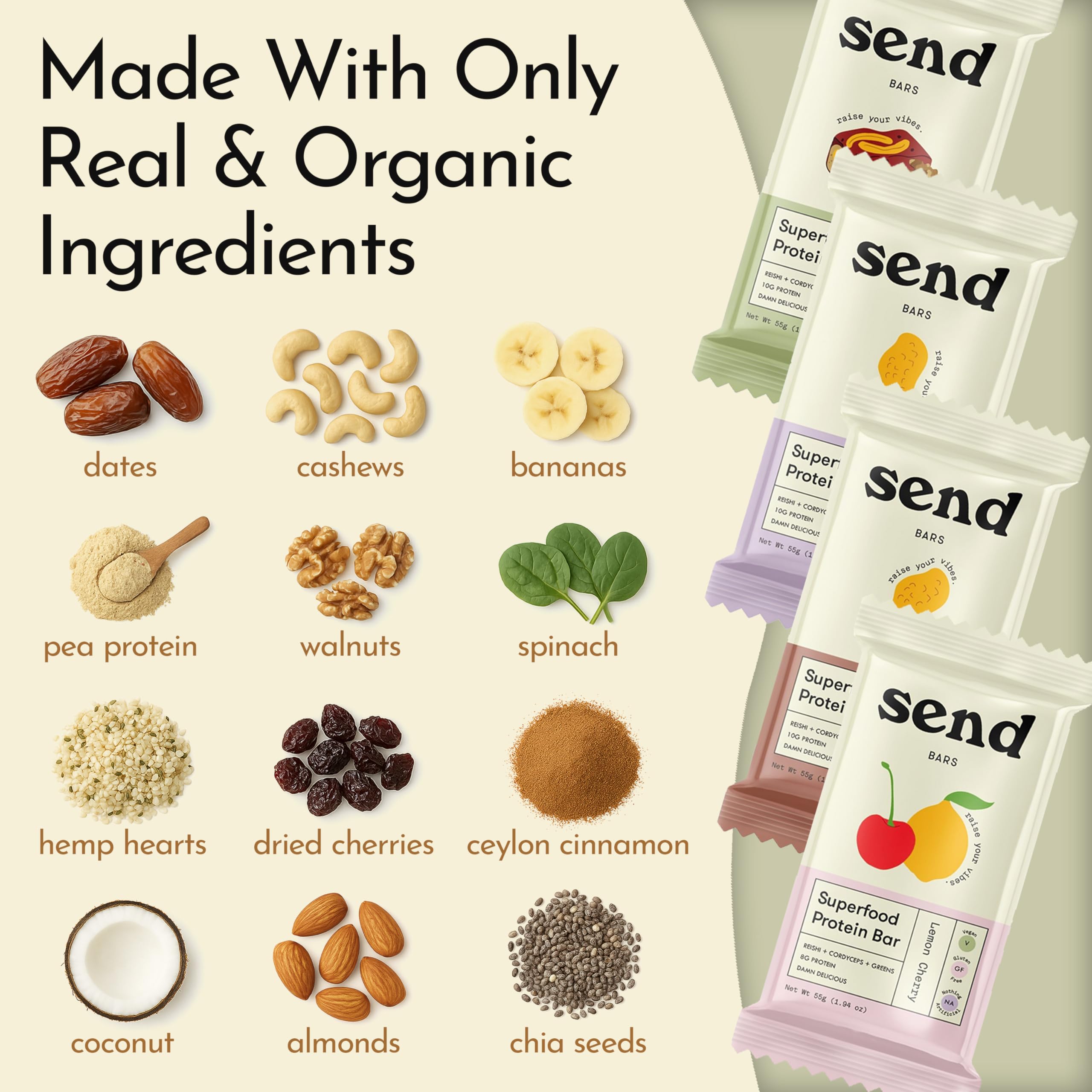 Send Bars greens blend close-up shows spinach powder and greens for easy daily greens.