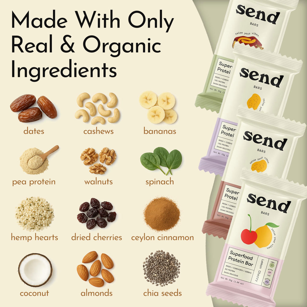 Send Bars greens blend close-up shows spinach powder and greens for easy daily greens.