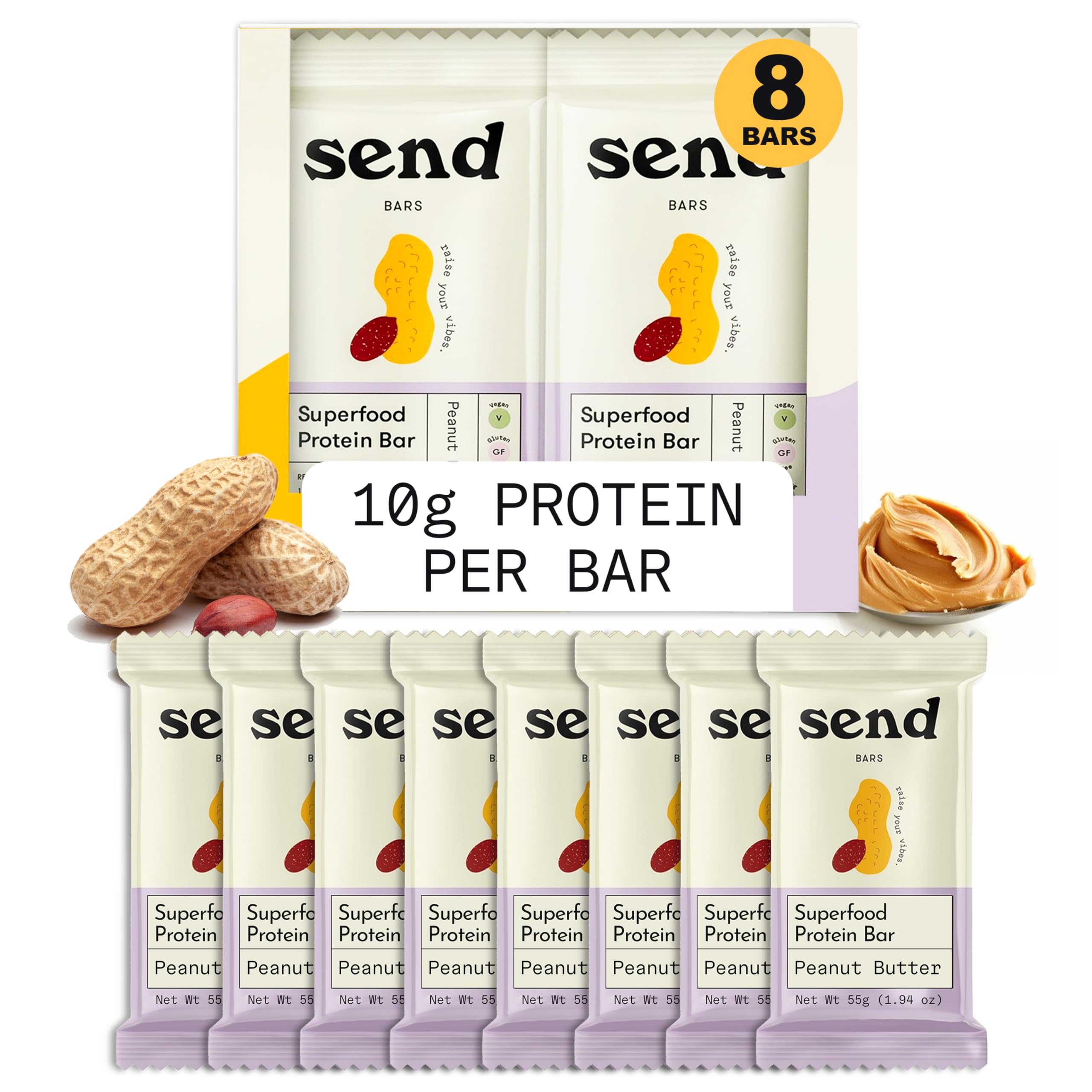 Send Bars peanut butter bar packaging reveals real ingredients and gluten-free, dairy-free promise.