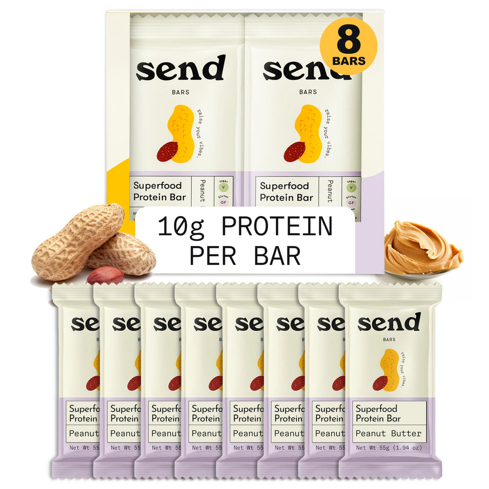 Send Bars peanut butter bar packaging reveals real ingredients and gluten-free, dairy-free promise.