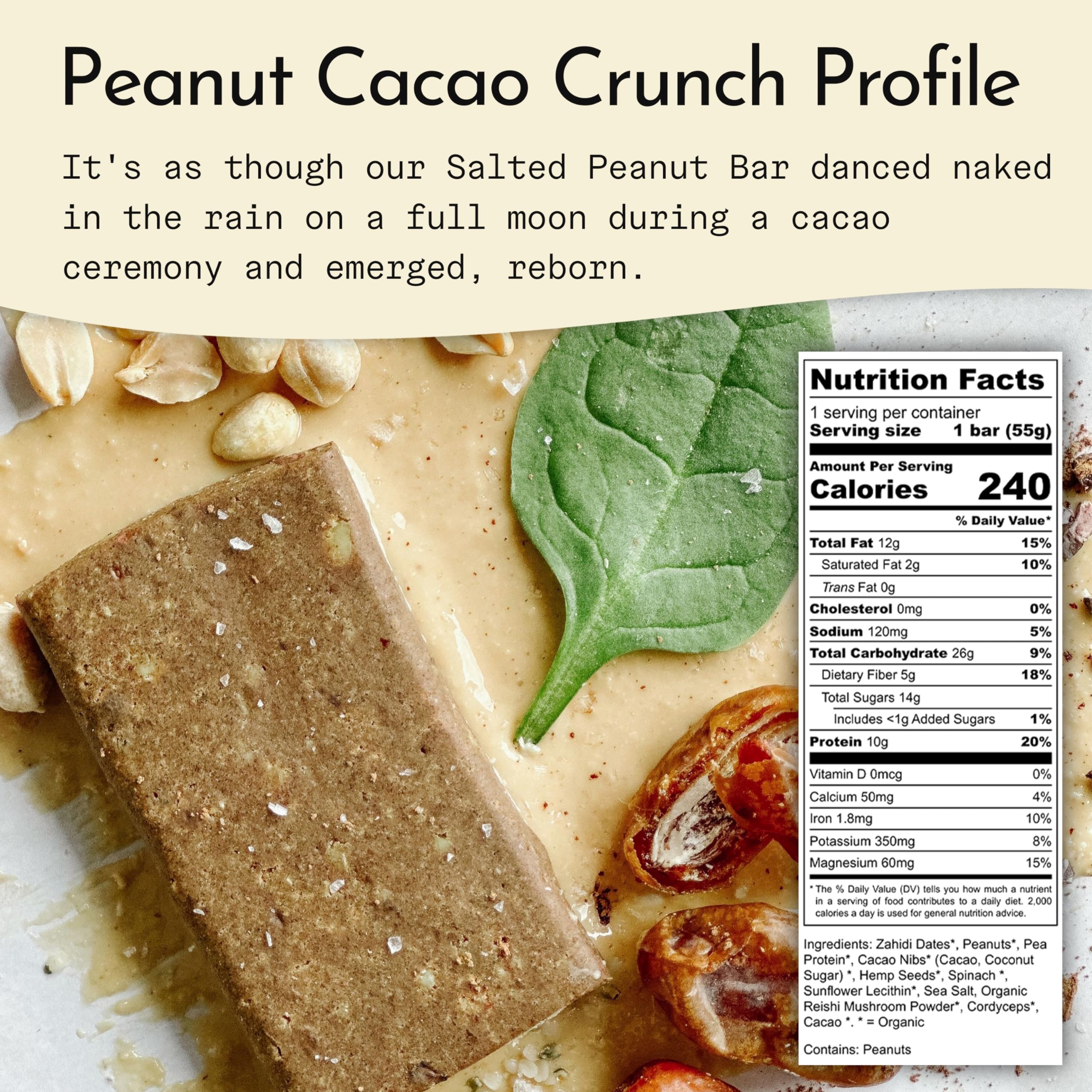 Send Bars Peanut Cacao Crunch ingredients close-up highlights greens and cacao nibs for flavor.