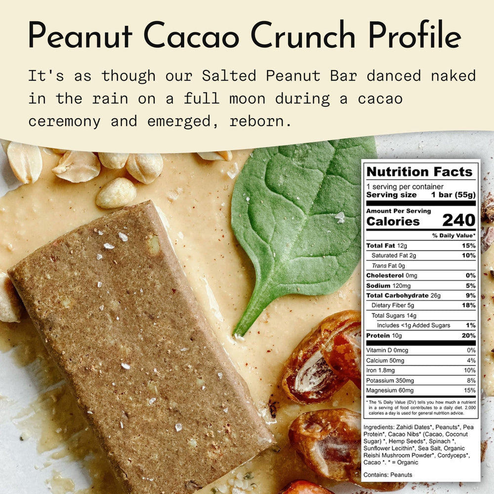 Send Bars Peanut Cacao Crunch ingredients close-up highlights greens and cacao nibs for flavor.