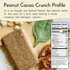 Send Bars Peanut Cacao Crunch ingredients close-up highlights greens and cacao nibs for flavor.