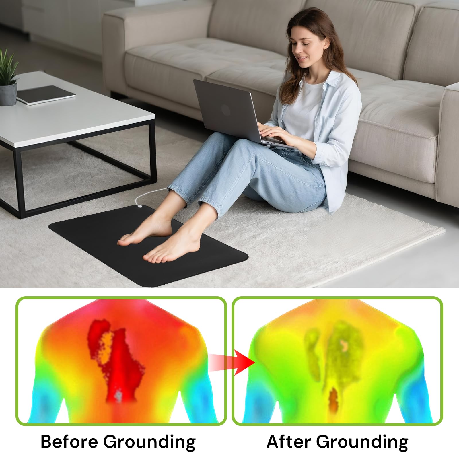 Senedy Health grounding mat beside the bed for a bedtime grounding routine.