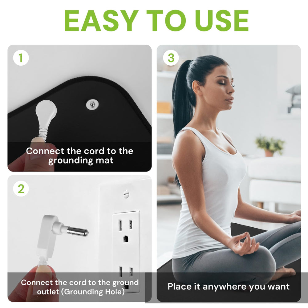 Senedy Health grounding mat connected to outlet ground port for indoor grounding.