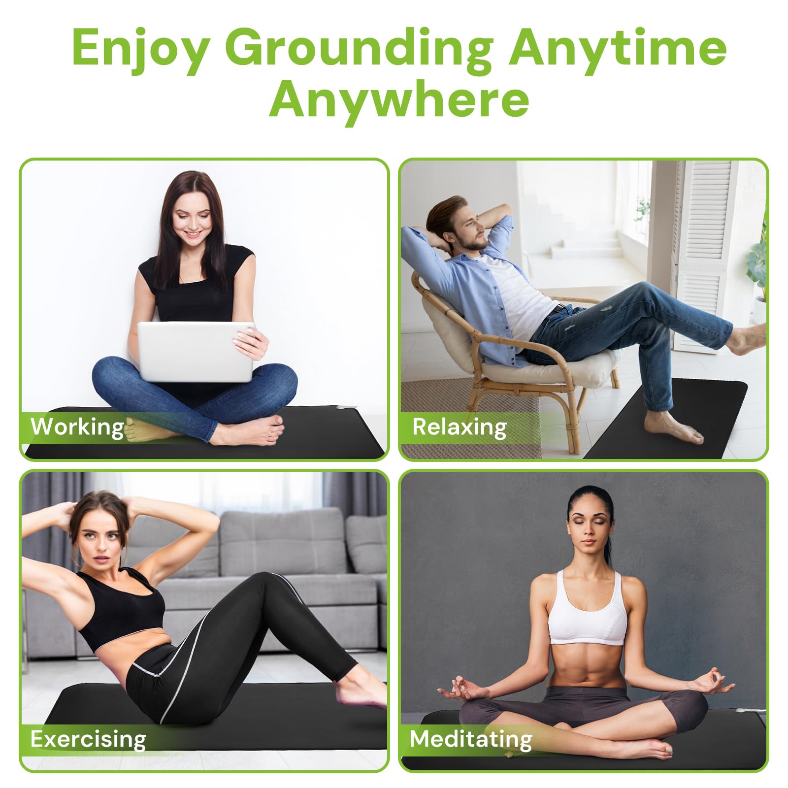Senedy Health grounding mat used during yoga and stretching for calm focus.