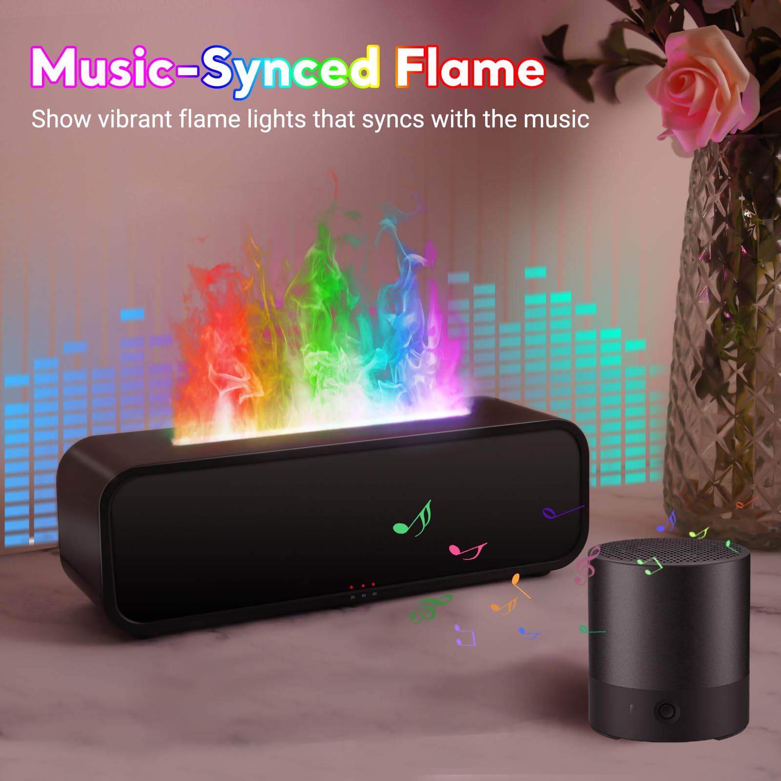 Senmul flame diffuser with rainbow LED lights for mood enhancement.