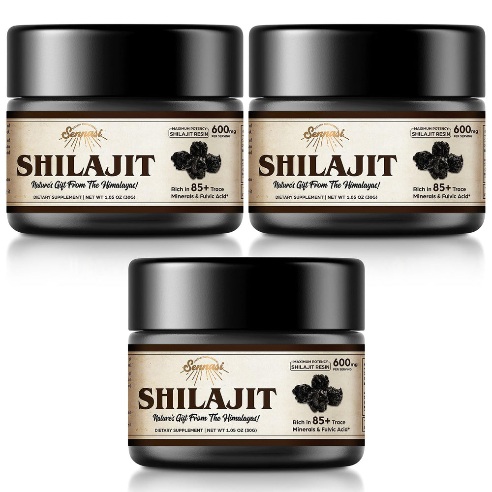 Sennasi Shilajit resin bottle closeup showing rich mineral content for daily energy.