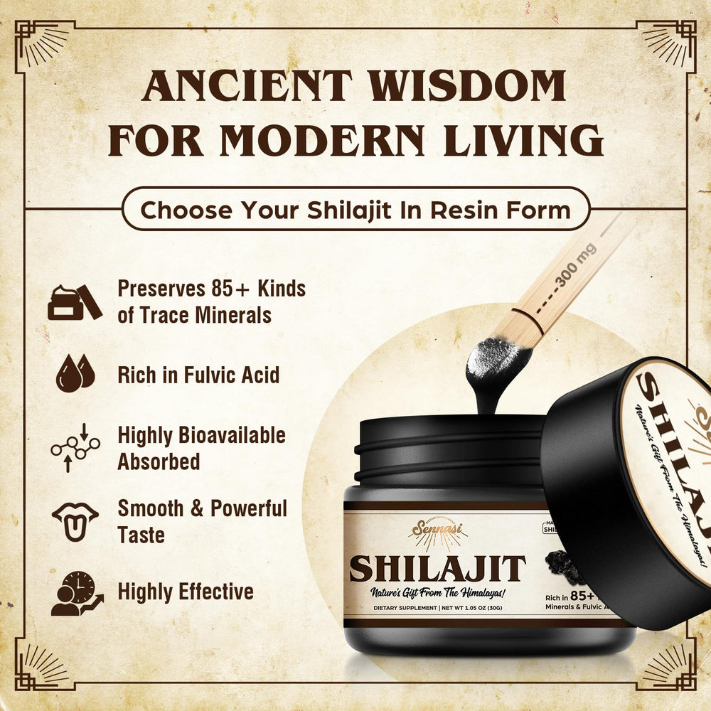 Sennasi Shilajit resin container shows visible minerals and fulvic acid