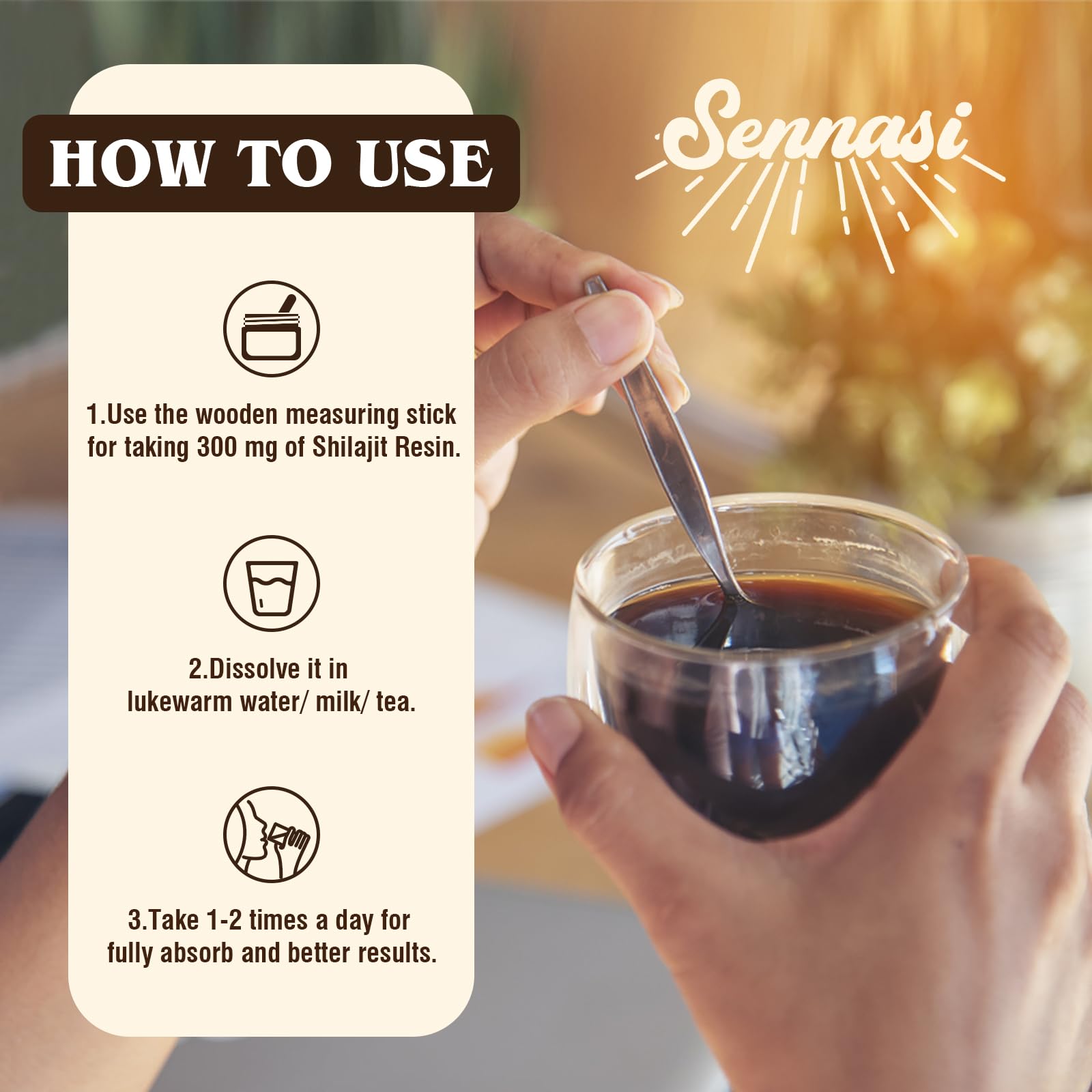 Sennasi Shilajit resin packaging in light-protected glass bottle.