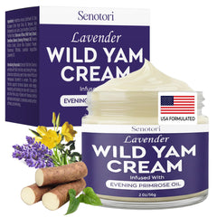 Senotori Lavender Wild Yam Cream bottle with calming lavender notes for nighttime comfort.