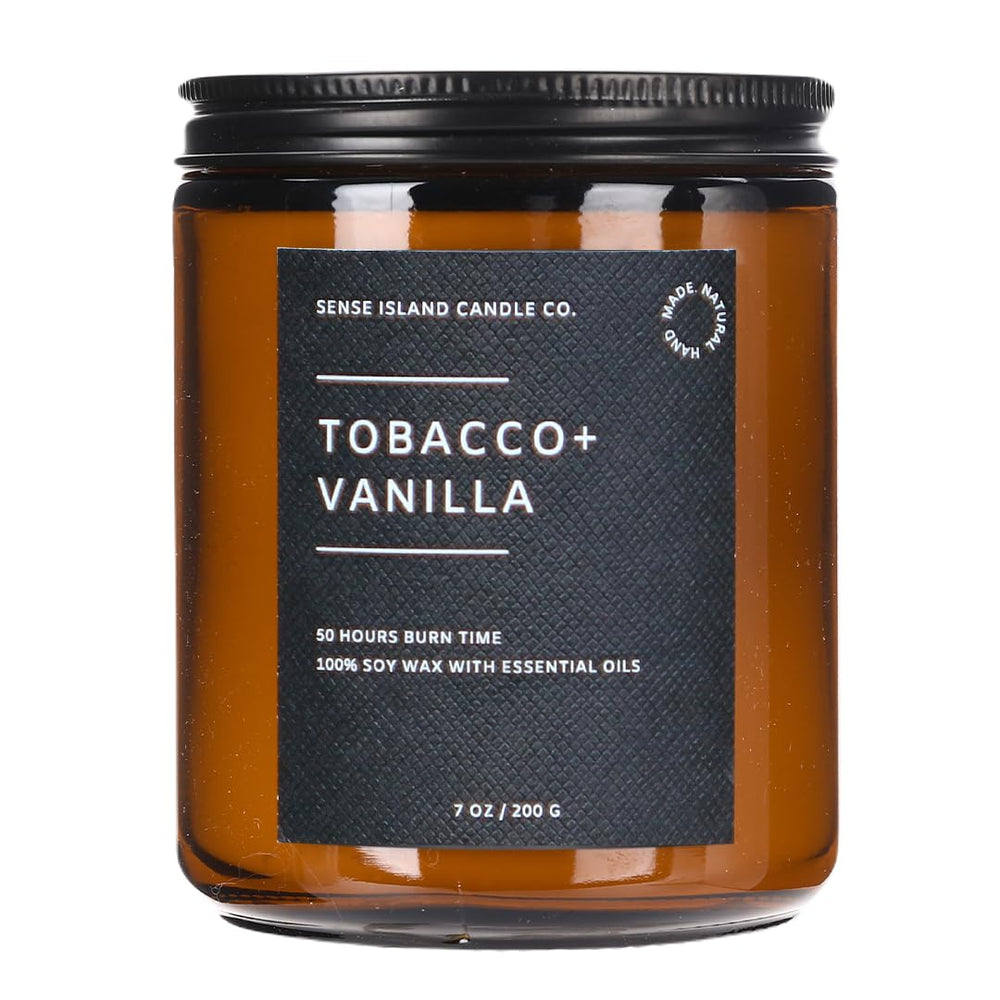 Sense Island Tobacco Vanilla candle jar label highlights premium quality and style