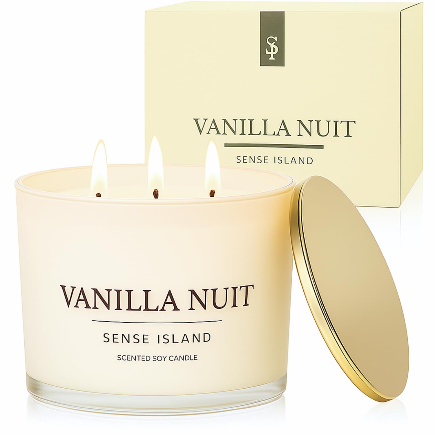 Sense Island Vanilla Nuit 3-wick candle in cream vessel for clean, long-lasting burn.