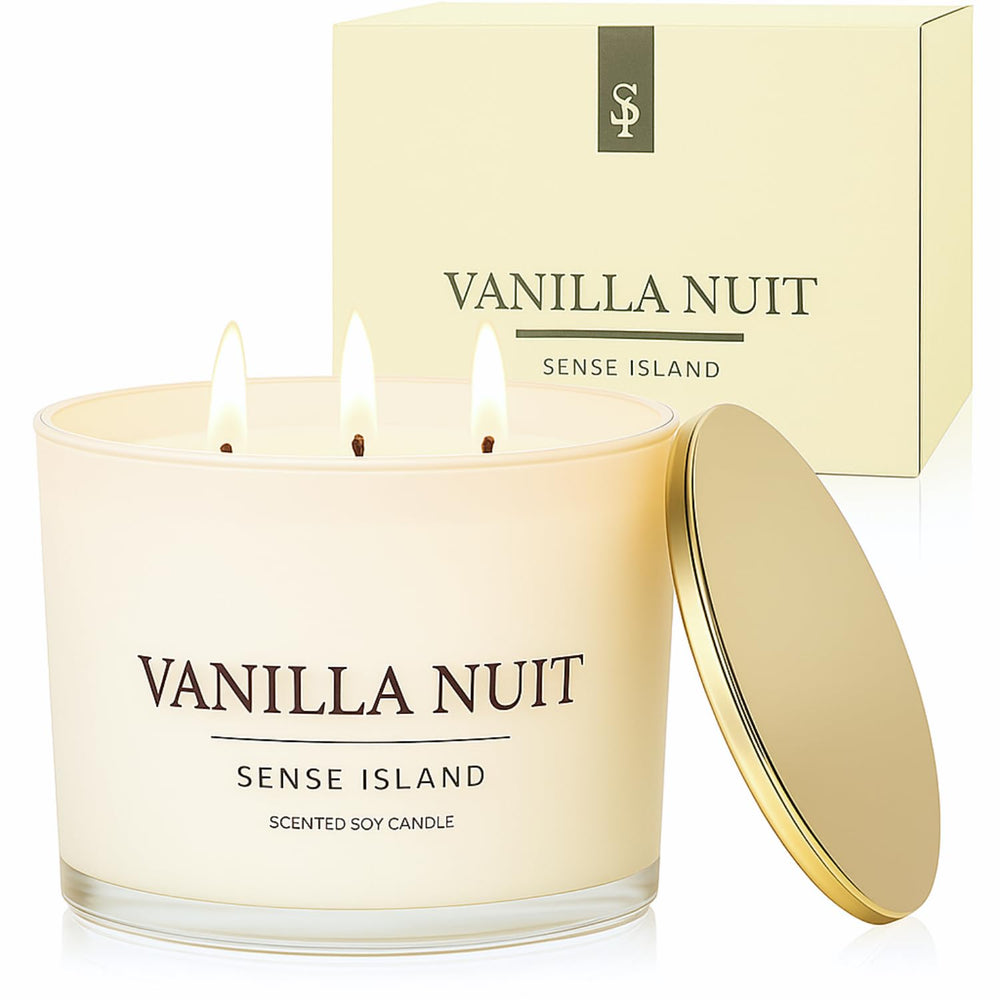 Sense Island Vanilla Nuit 3-wick candle in cream vessel for clean, long-lasting burn.
