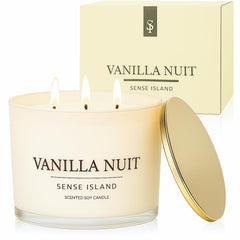 Sense Island Vanilla Nuit 3-wick candle in cream vessel for clean, long-lasting burn.