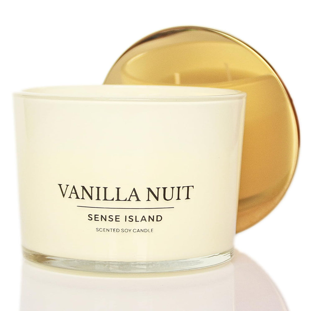 Beige glass vessel of Sense Island Vanilla Nuit complements home style while delivering creamy vanilla notes.
