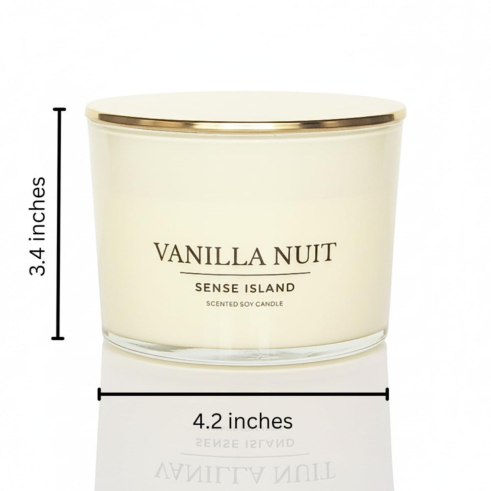 Sense Island Vanilla Nuit with gold lid close-up highlighting luxury decor and fragrance.
