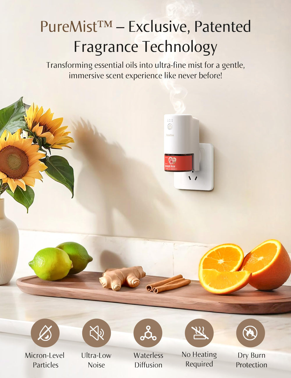 SenseFlow SF101 Pro diffuser on wood shelf for home relaxation.