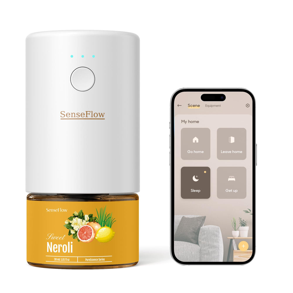 SenseFlow SF101S Pro diffuser illuminated for ambient scent in living room
