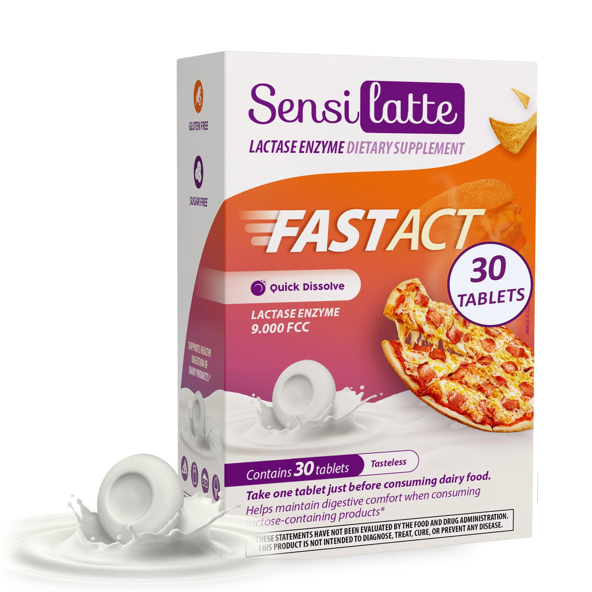 SENSI LATTE lactase enzyme tablets bottle shows 9000 FCC for lactose digestion.