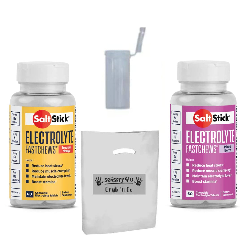 Sensory4U SaltStick FastChews tropical mango and mixed berry in a race-ready tube for quick replenishment.