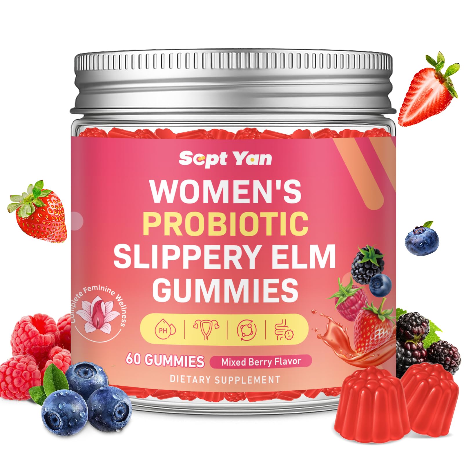 SEPT YAN feminine probiotic slippery elm gummies bottle promotes pH balance and daily comfort