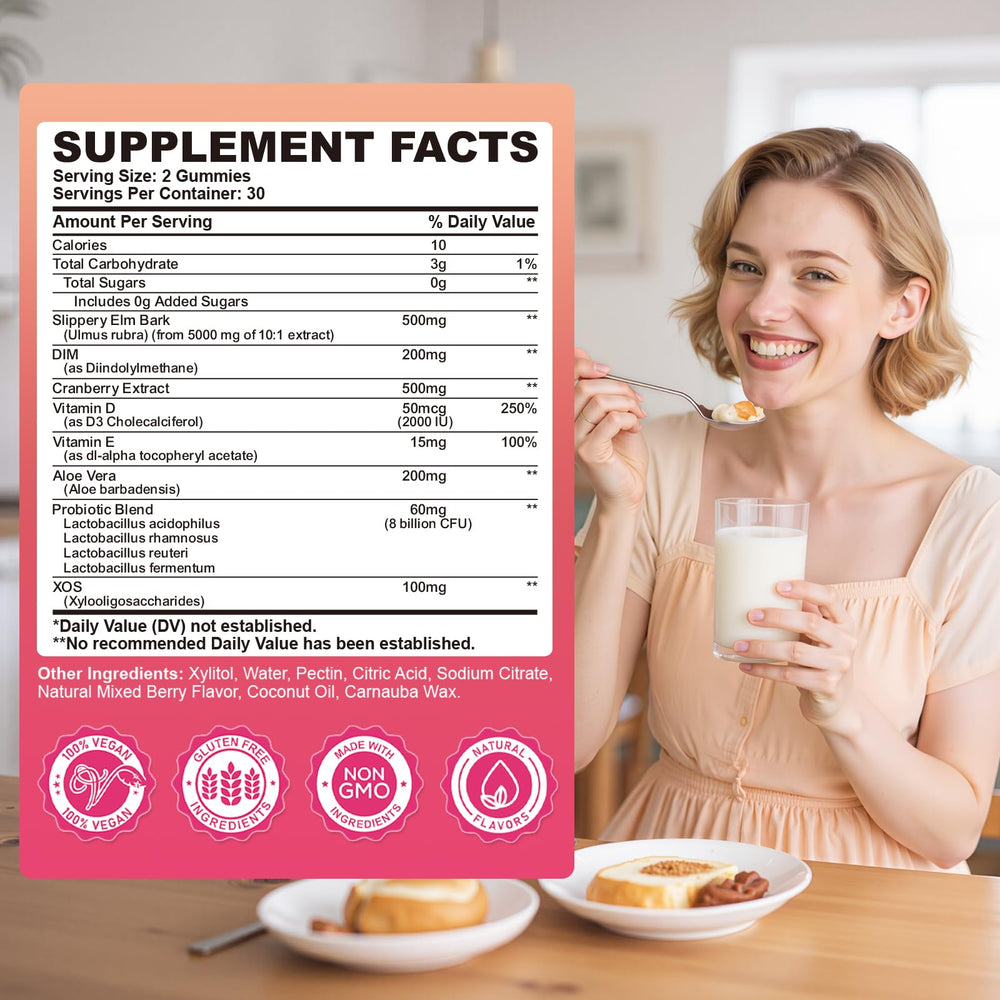 SEPT YAN gummies label close-up shows probiotic strains and prebiotic XOS for gut balance