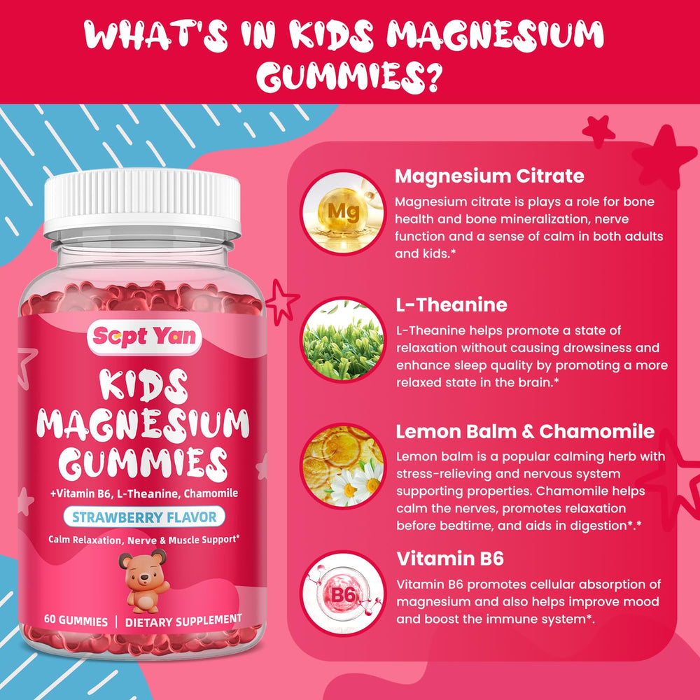 Sept Yan magnesium gummies kids close-up texture shows chewy, fruit-flavored bite for easy dosing