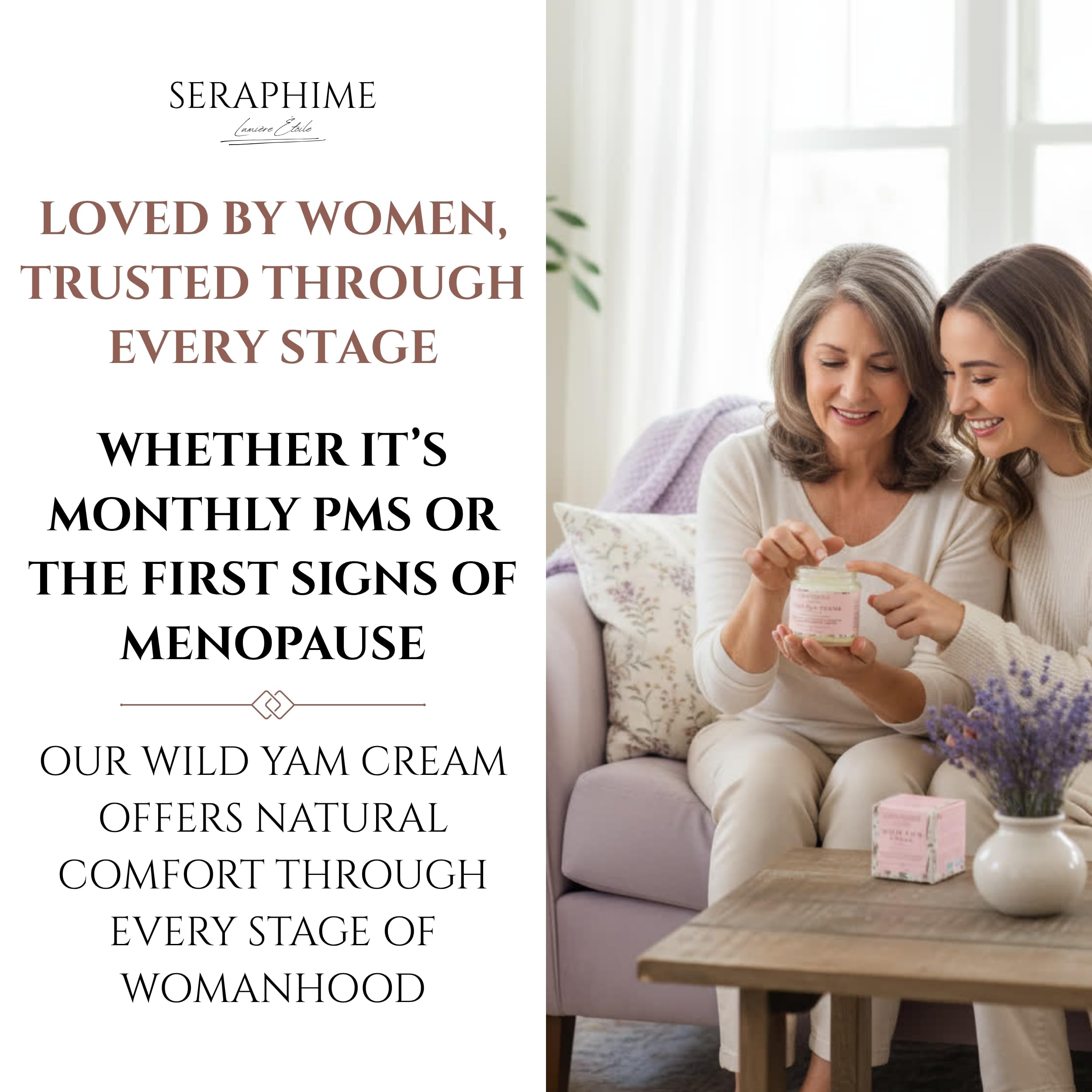 Seraphime Wild Yam Cream chaste tree berries hint herbal support.
