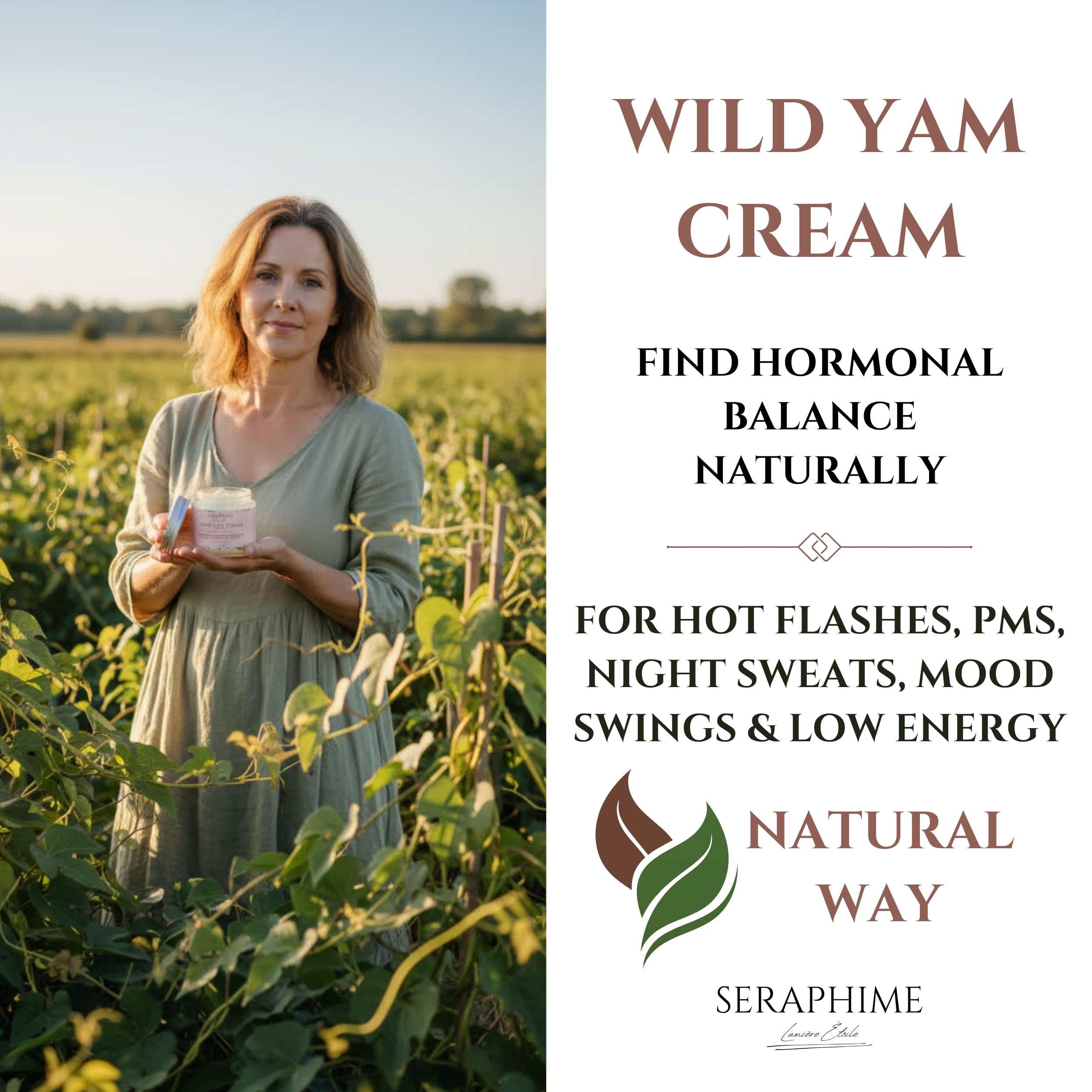Seraphime Wild Yam Cream ingredient blend highlights organic botanicals.
