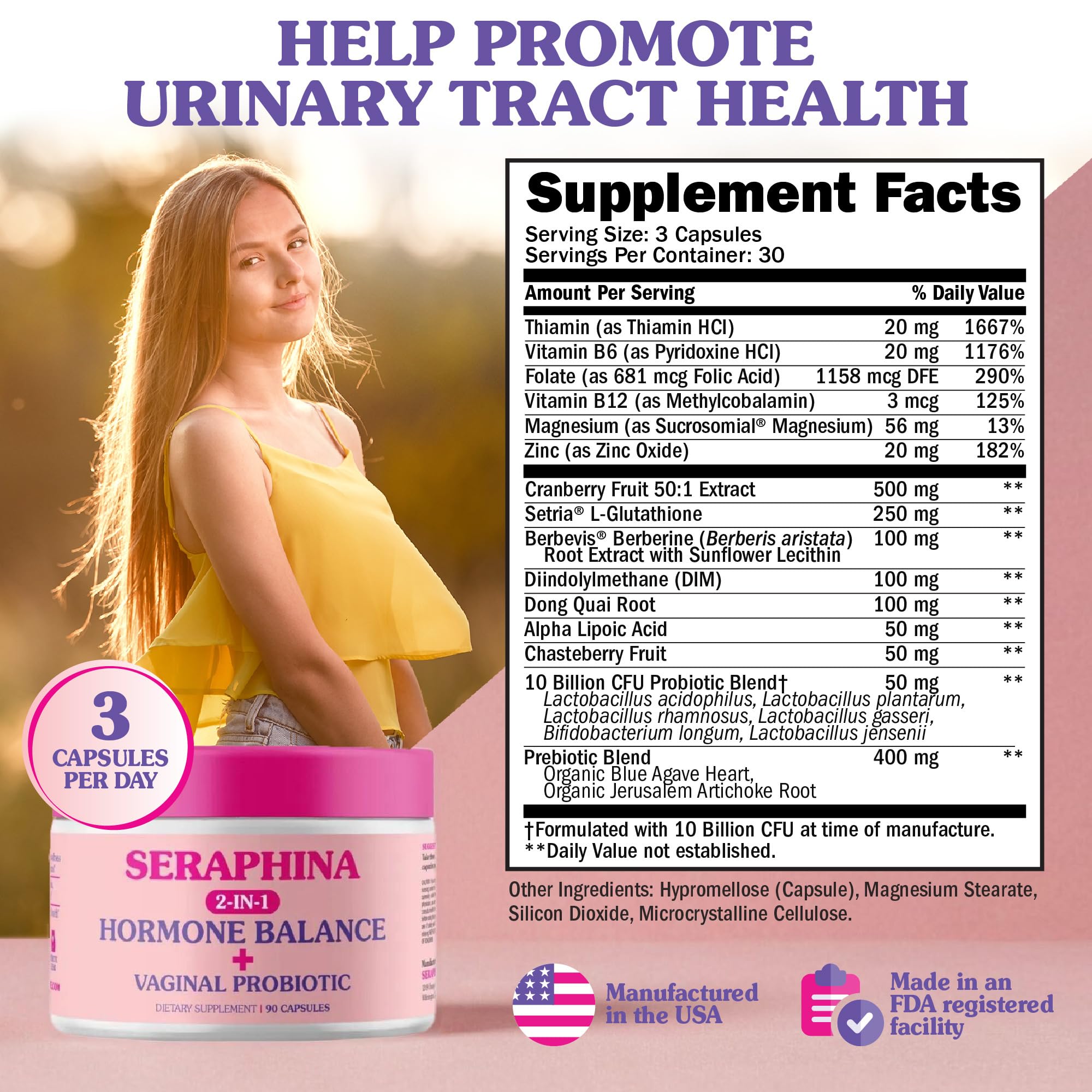Seraphina benefits graphic illustrating hormonal balance and urinary health