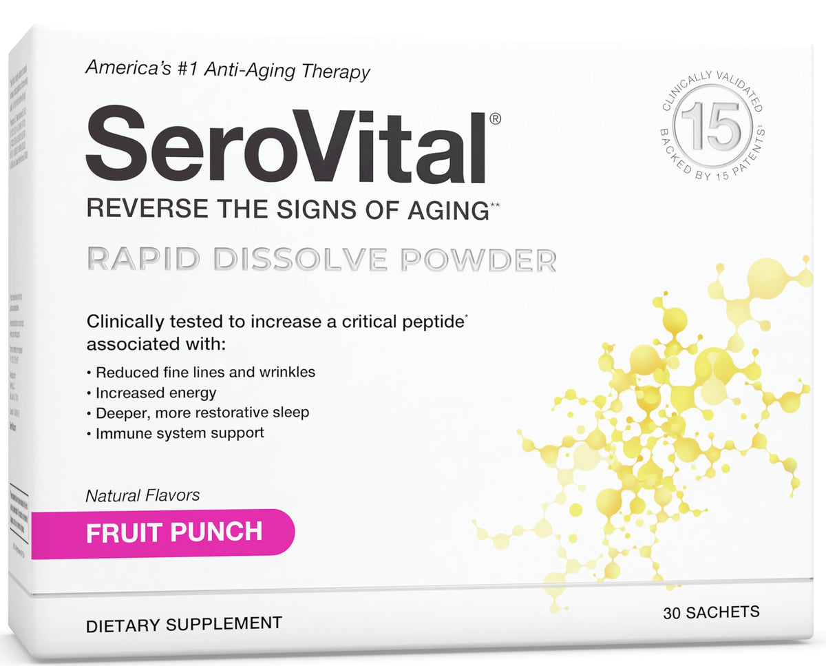 Serovital Rapid Dissolve Powder tub on shelf suggesting convenient daily skin and energy support.
