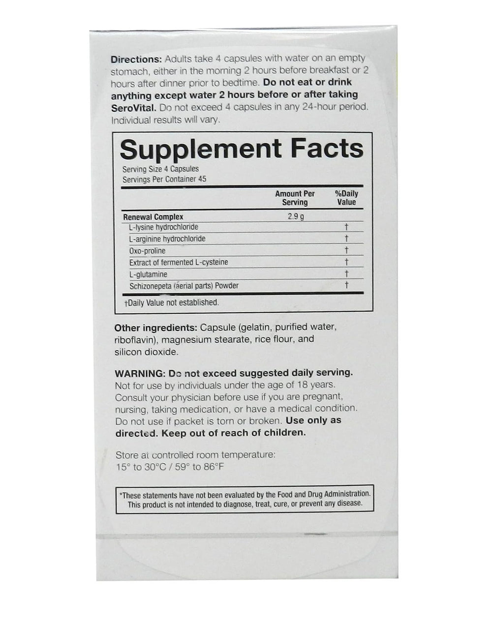 Close-up of Serovital Renewal Complex label highlighting the HGH-focused formula
