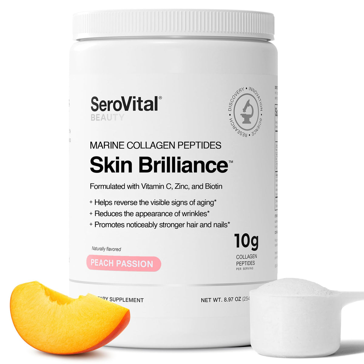 Serovital Skin Brilliance tub front, peach-passion powder for daily beauty routines.