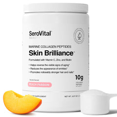 Serovital Skin Brilliance tub front, peach-passion powder for daily beauty routines.