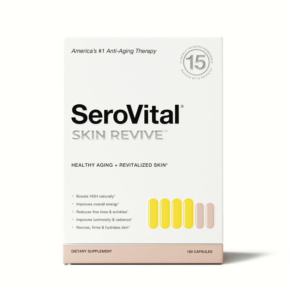 Serovital Skin Revive bottle shows the day and night formula for around the clock skin support