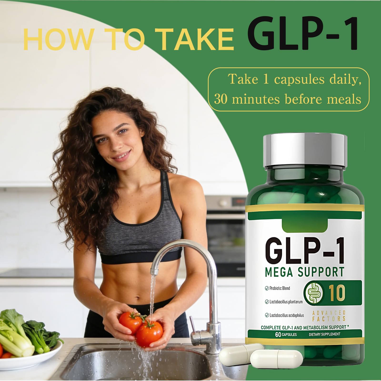 SERSANVE GLP-1 probiotic glass with pills suggesting easy daily gut health support