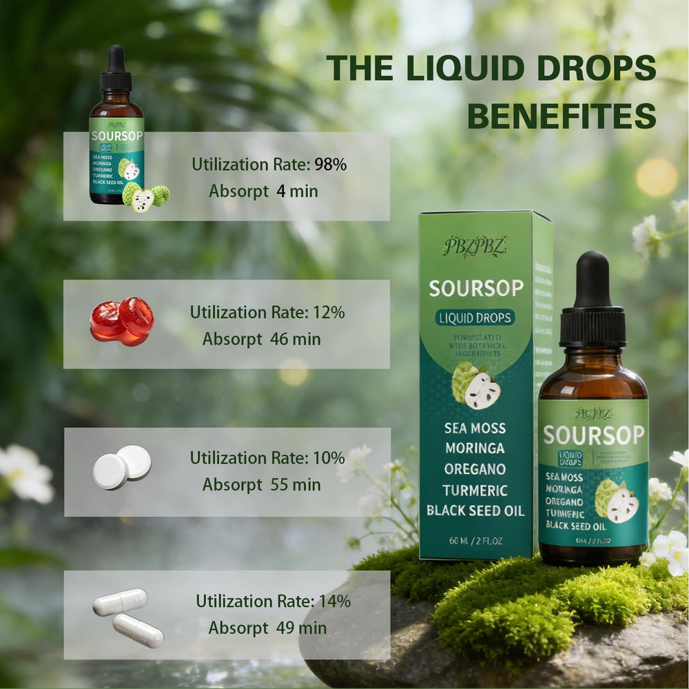 SERSANVE Soursop drops packaging highlighting vegan, alcohol-free formula.