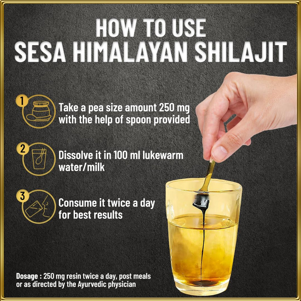 Sesa Shilajit Resin packaging shows 50 servings and easy storage