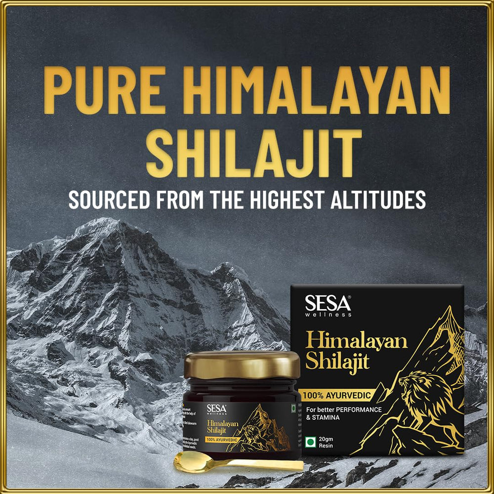 Sesa Himalayan Shilajit Resin with scoop ready for easy daily dosing